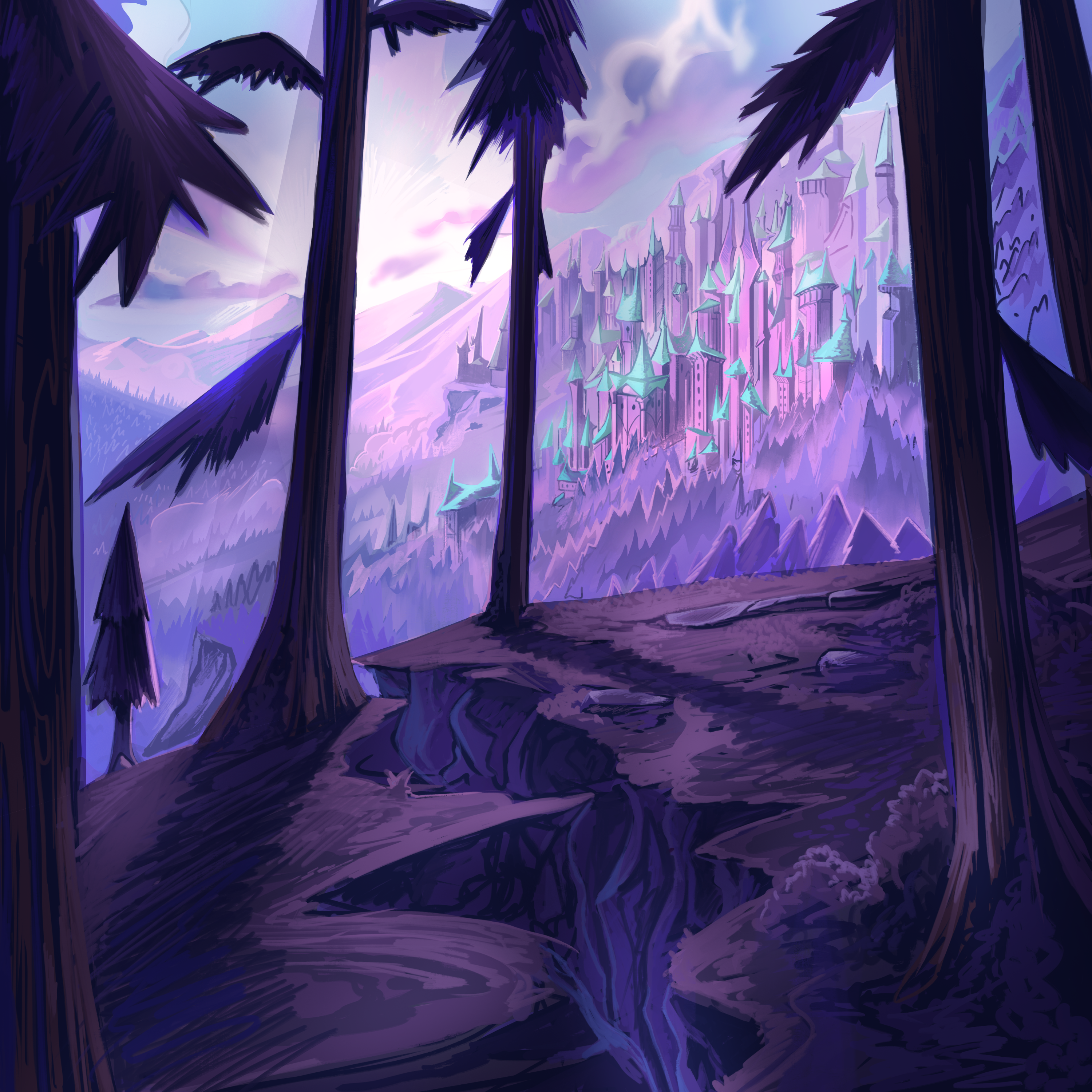 A mountainside city bathed in purple light