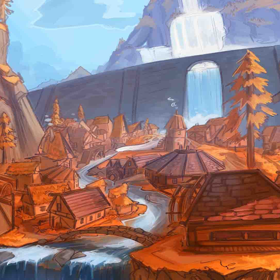 A simple fantasy village at the base of a multi-tiered waterfall