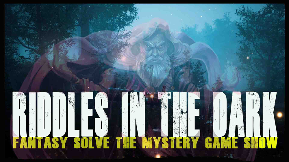 Forest at night with the image of a wizard overlaid with the text "Riddles in the Dark"