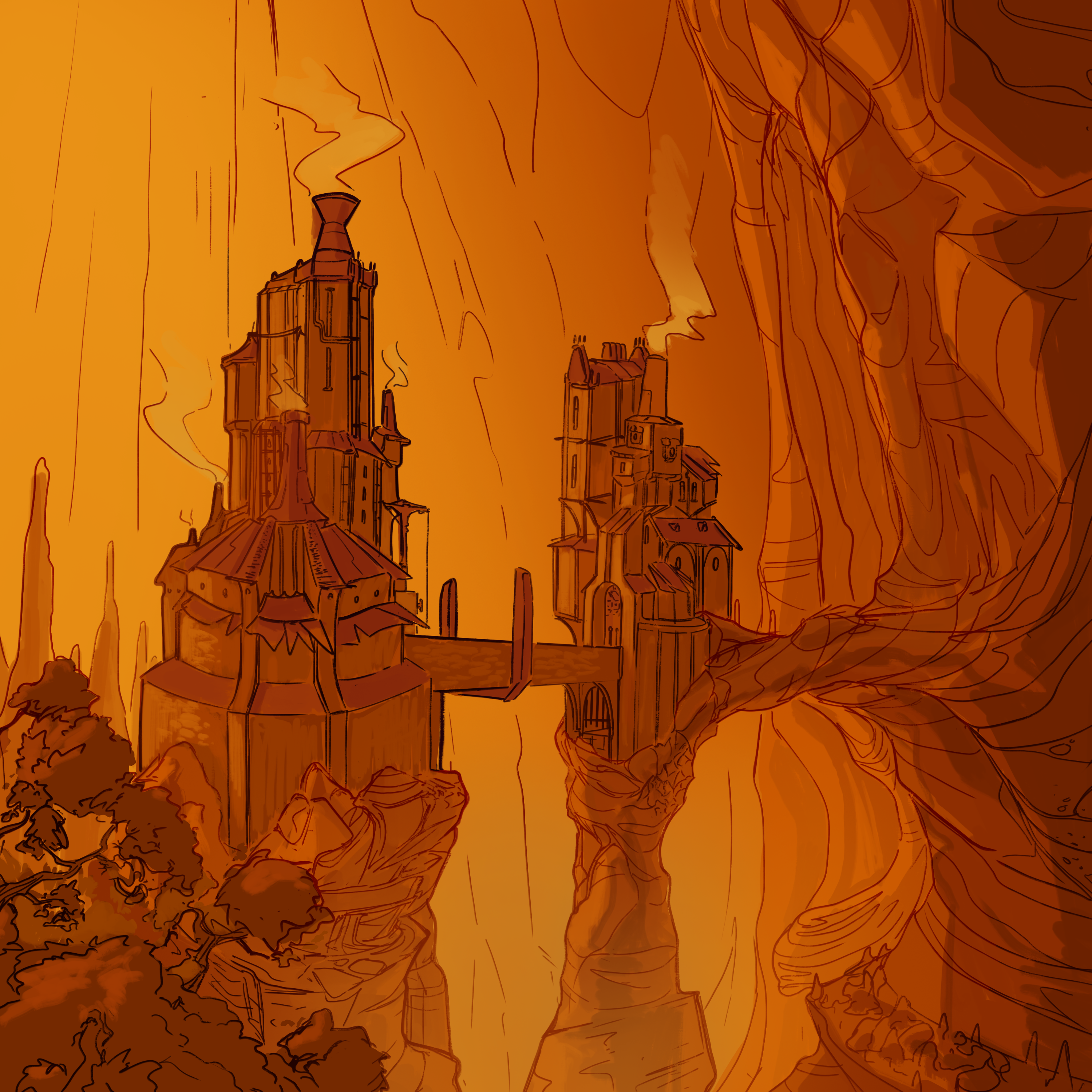 A civillization built upon stone spires in an underground cavern