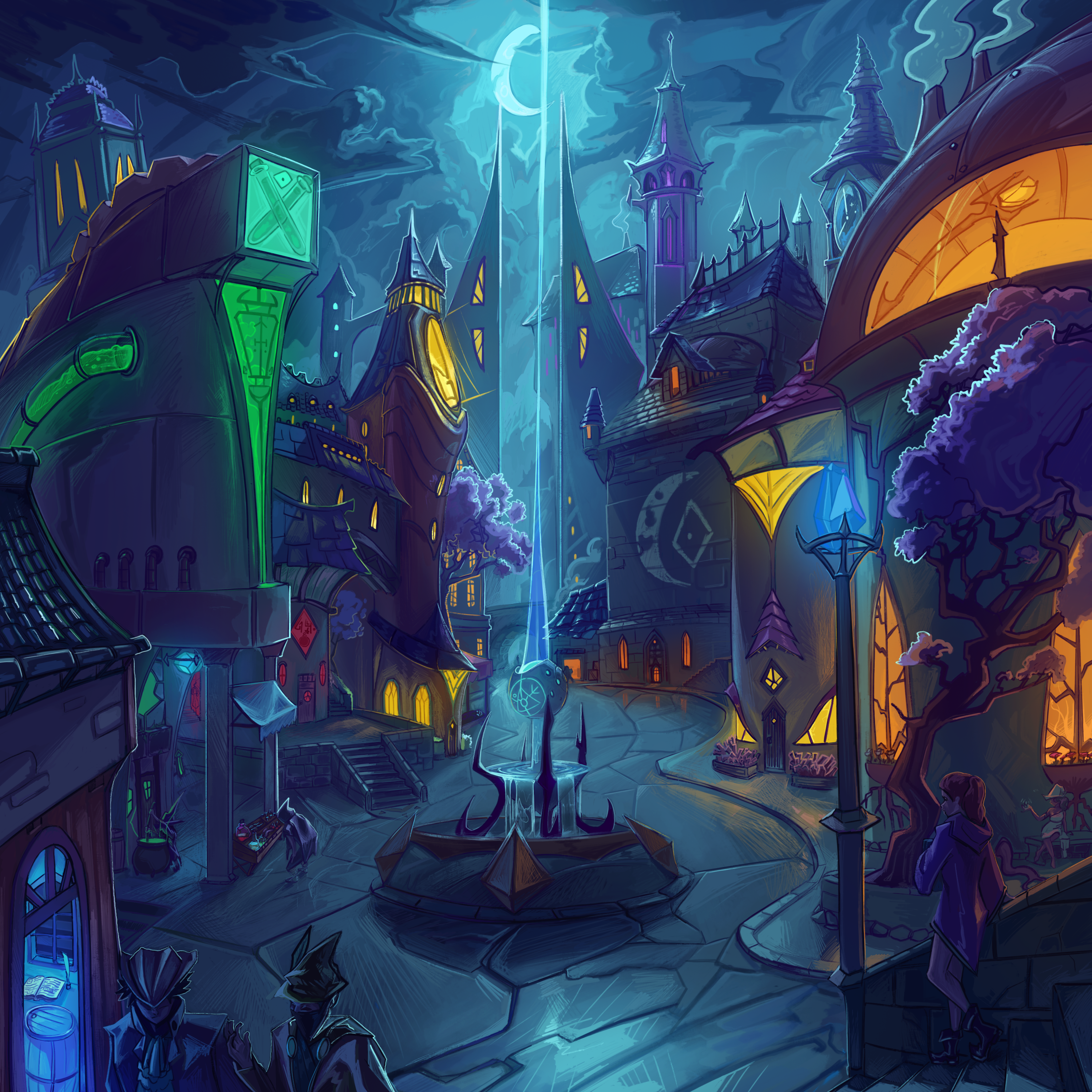 A city alight with colored windows of all shapes and sizes on whimsical shaped buildings