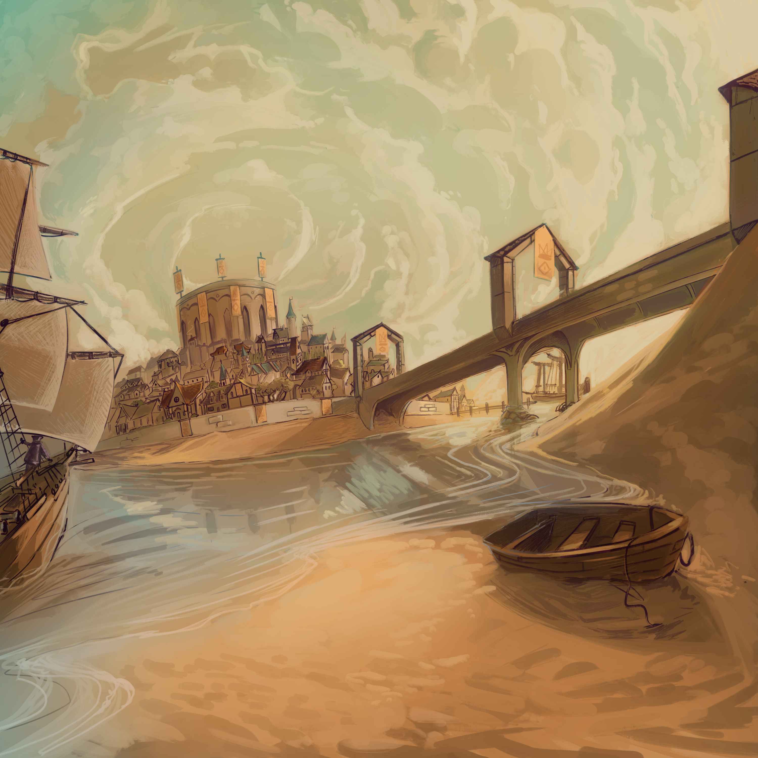 An isolated city surrounded by sand dunes and encircled by a waterway