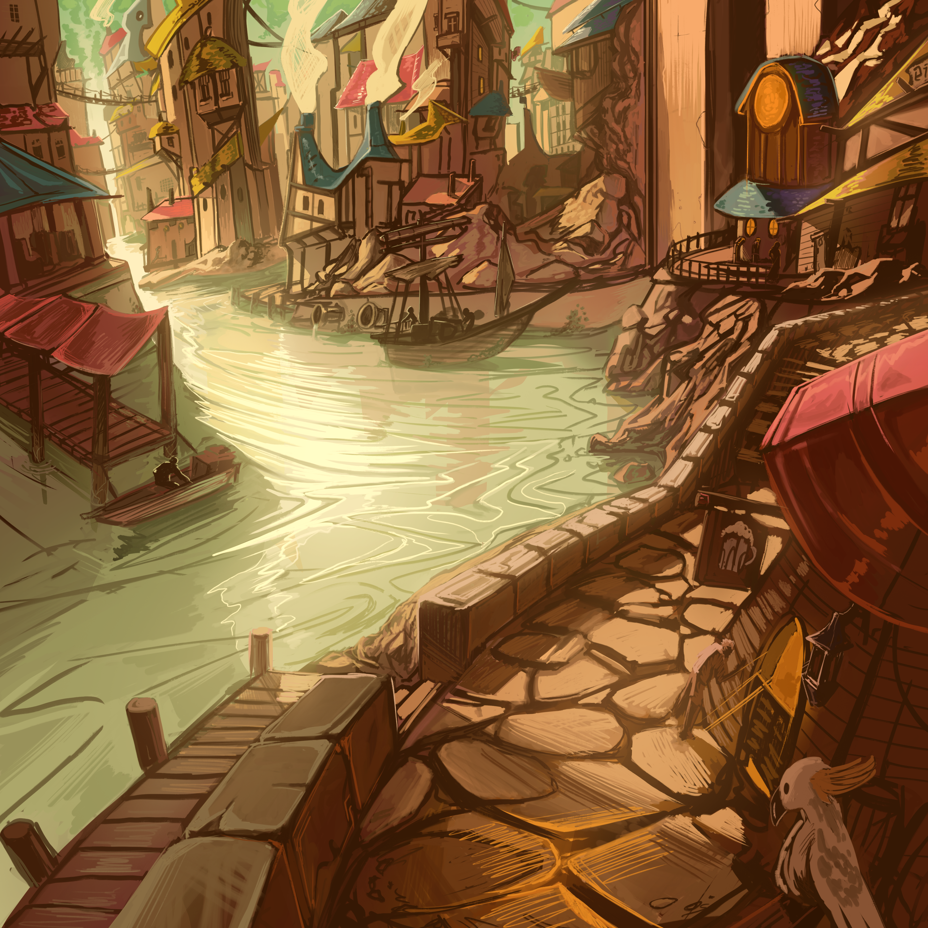 A ramshackle city on the bank of a river