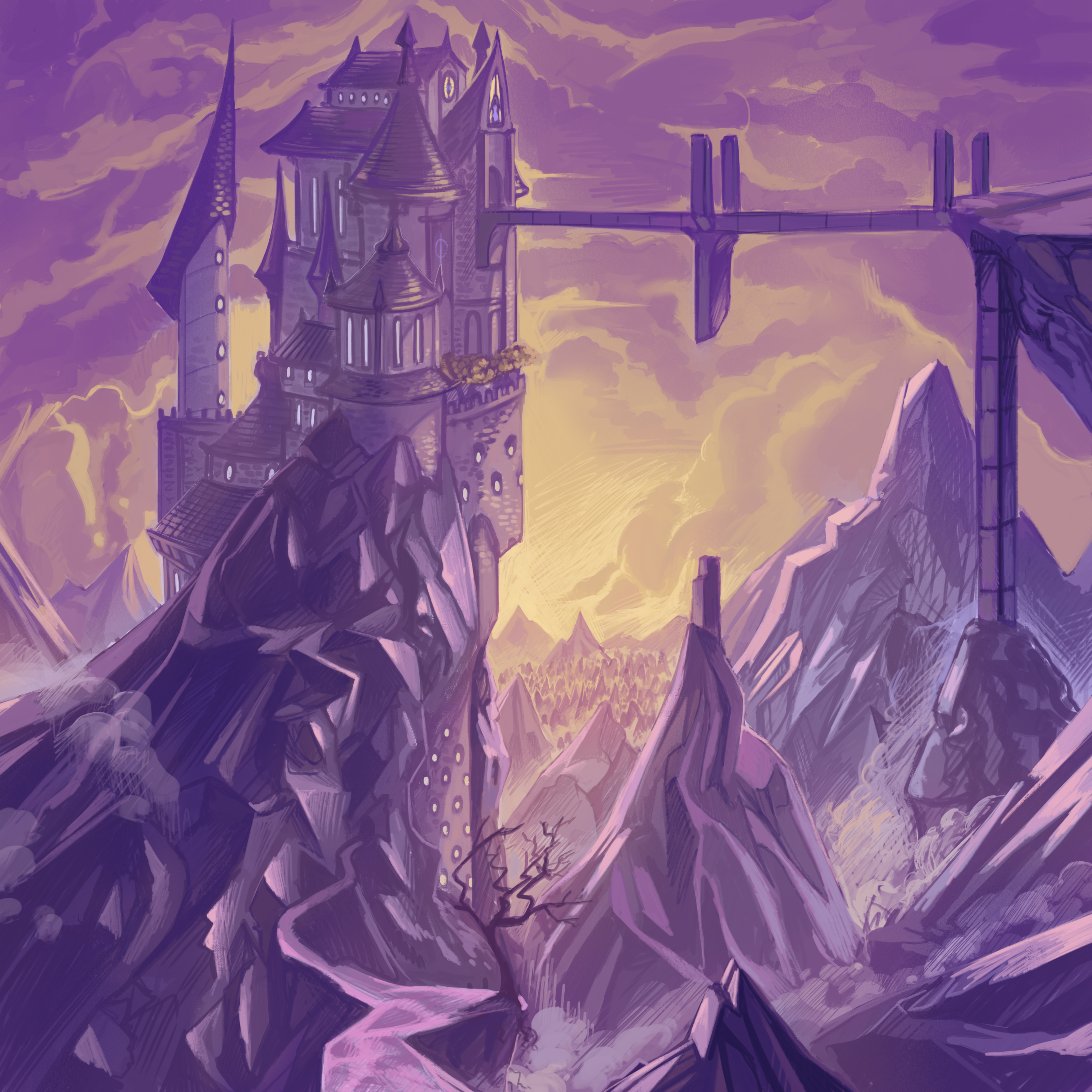 A fortress atop a mountain peak connected by a floating bridge