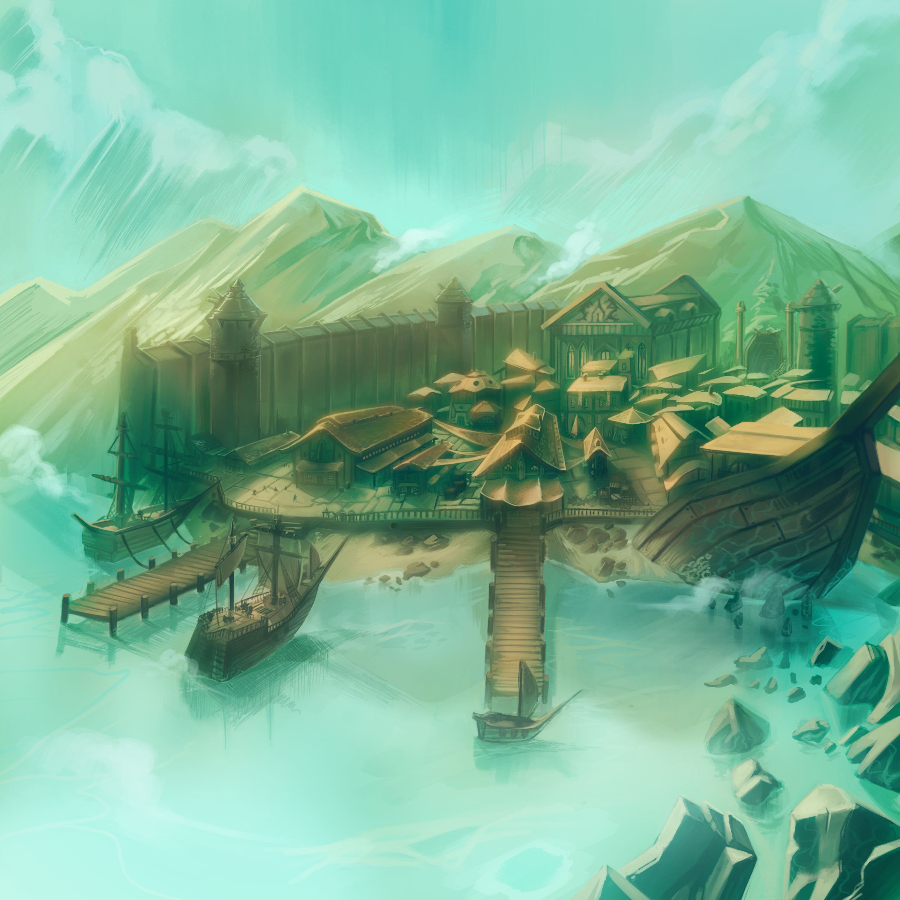 A port city full of thatched-roof buildings