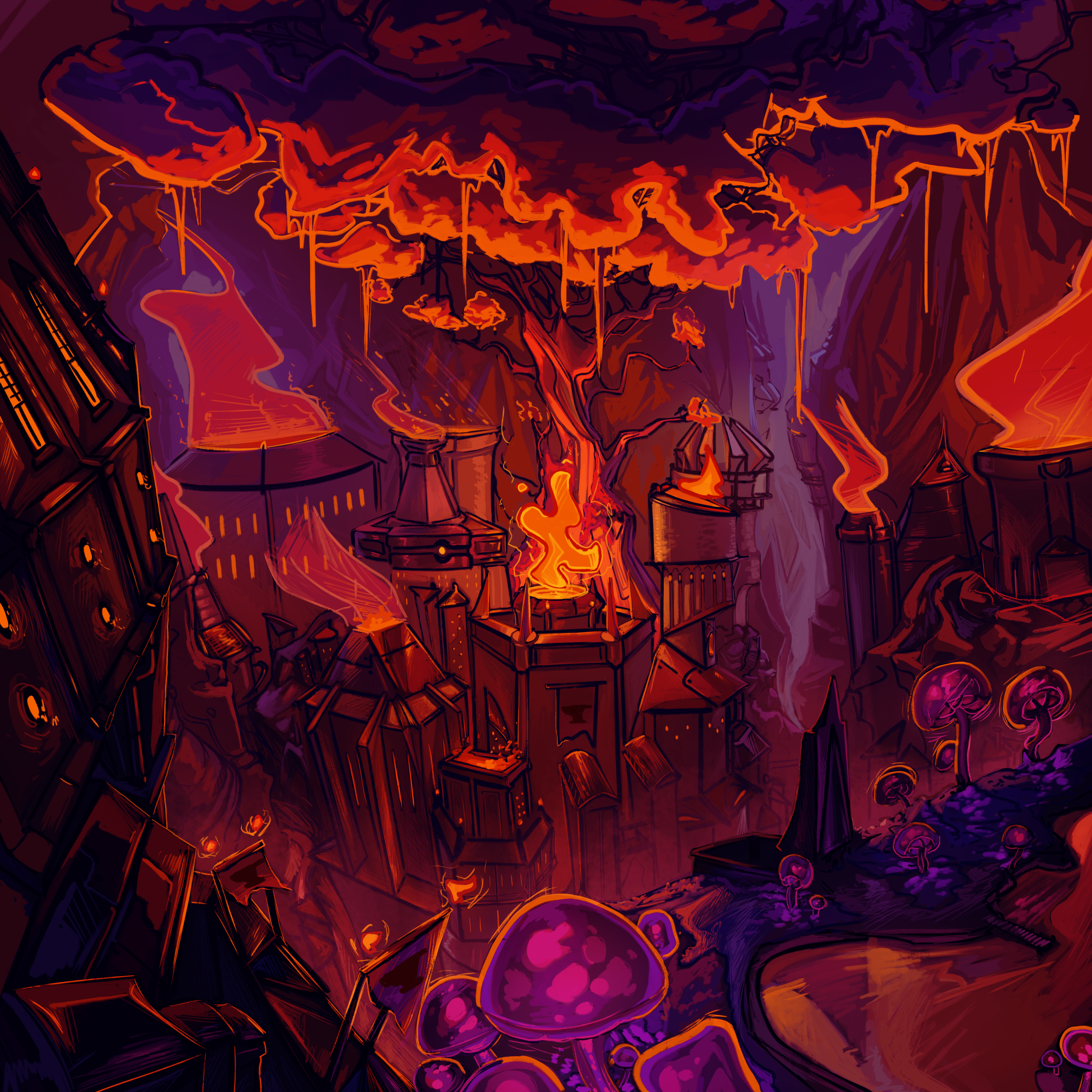 An underground city lit by bioluminescent fungus