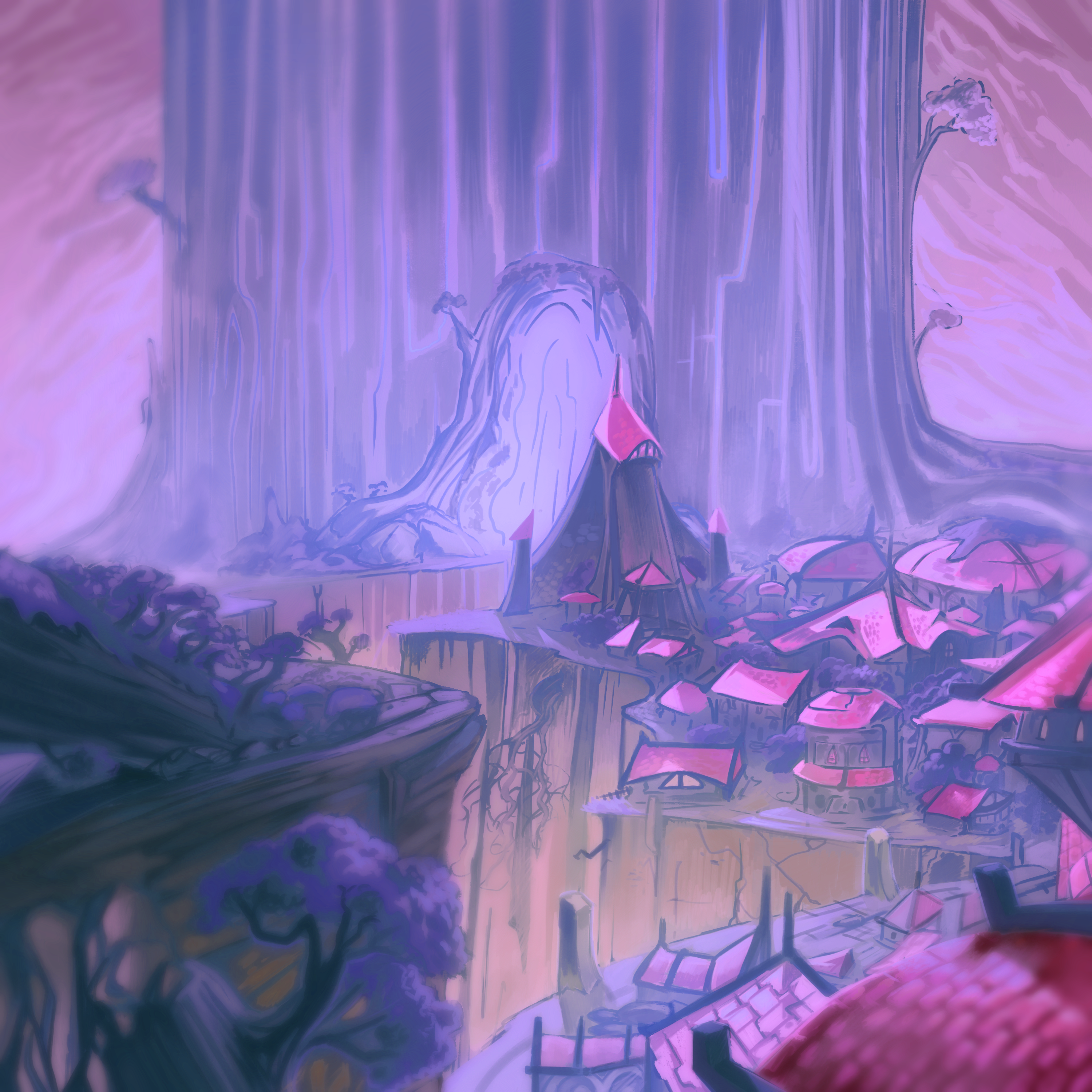 A city at the base of an impossibly large tree