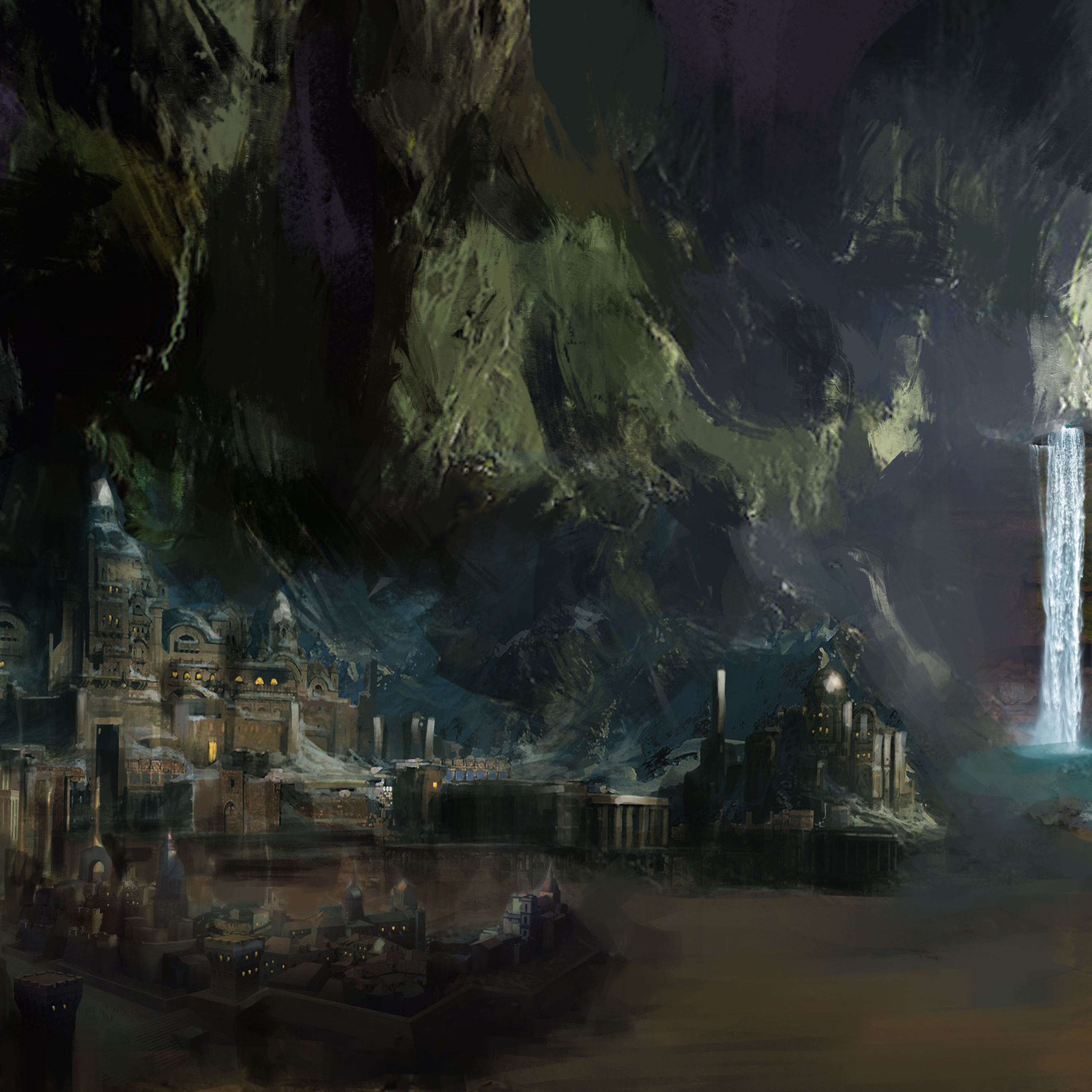 A city at the base of a mountain and a waterfall