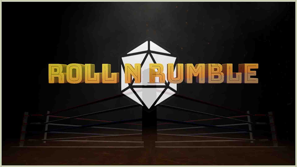 "Roll 'n Rumble" overlaid over the outline of a D20 die
