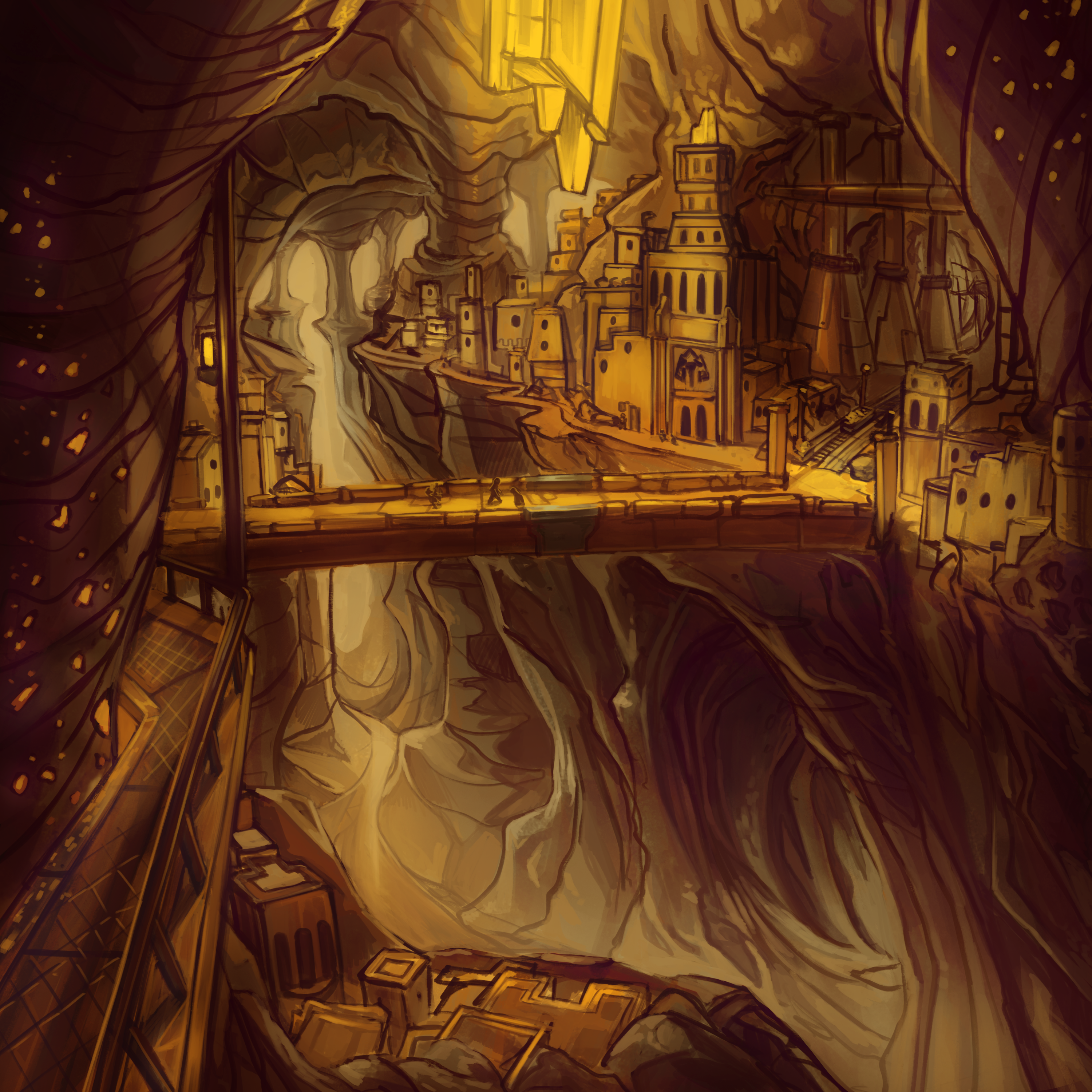 An underground city built over a chasm