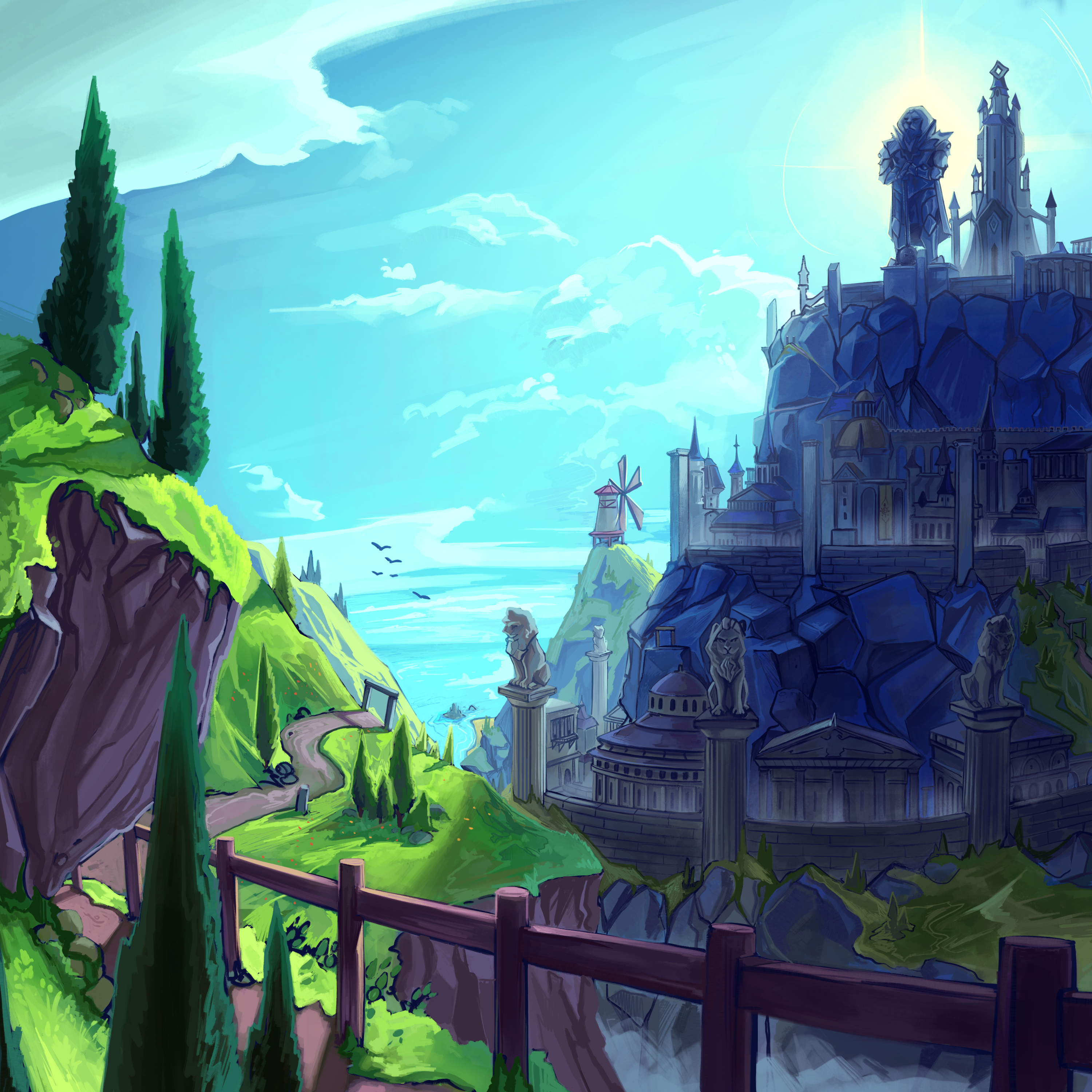 A cliffside town surrounded by green hills