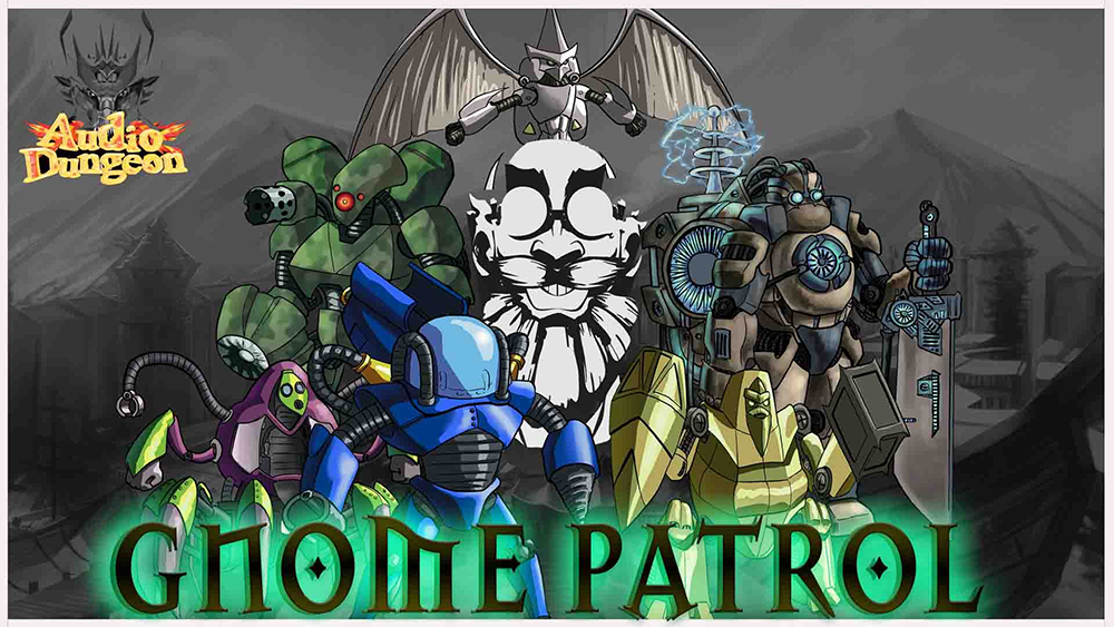 The Gnome Patrol party in front of a grey mountain