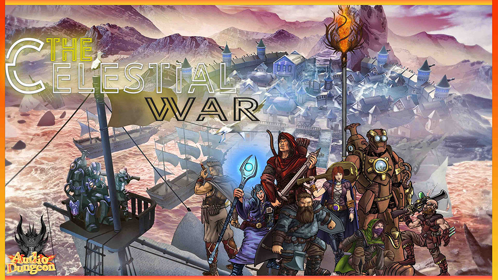 The Celestial War party in front of a city in a desert