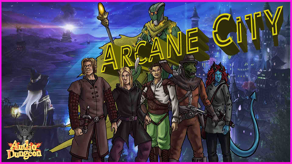 Arcane City party in front of a neon cityscape.